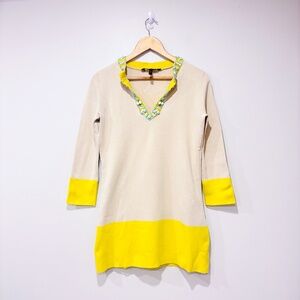 BCBGMAXAZRIA Two-Tone Beige & Yellow Beaded Trim Tunic Top | X-Small *